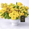 A bright, sunlit cluster of yellow roses and orchids makes this flower