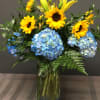 Blue Hydrangeas, Lilies and Sunflowers
