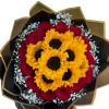 Bright yellow sunflowers and velvety deep red roses meet in a bold