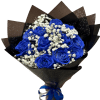Vivid blue roses clustered with delicate white filler create a bold, romantic
