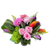 Pink roses, pink gerbera daisy, green hydrangea, tulips, spray rose and ranunculus