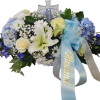 Blue Hydrangea, Delphinium, White Lilies, roses, daisies and baby's breath with crystal