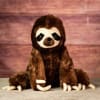 Plush sloth toy sitting upright on a tabletop