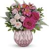 Keepsake vase with roses, spray roses, alstroemeria, mini carnation in pink shades