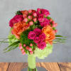 Vivid hot-pink and tangerine roses take center stage in this prom bouquet