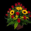 Bold red roses paired with sunny yellow sunflowers create a cheerful, attention-grabbing