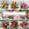 Collage of colorful mixed flower basket arrangements with a 