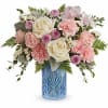 Blue Belle Bouquet features white roses, pink spray roses, lavender alstroemeria, pink