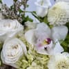 White roses and dahlias with a pale orchid in a floral arrangement
