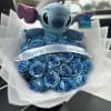 50 Baby Blue Tinted Roses with personalized ribbon and Stitch Plushy
