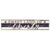 Rectangular patriotic wood sign reading 'Sweet Land of Liberty' in red, blue, and white lettering