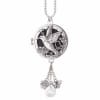 Silver hummingbird locket necklace with dangling flower, butterfly, and crystal charms