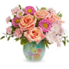  Watercolor Garden Bouquet features peach roses, pink alstroemeria, miniature pink carnations