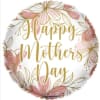 Round white Mother’s Day balloon with gold script and pink floral illustrations.
