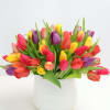 Colorful tulips arranged in a white vase