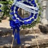 Vivid blue roses arranged in a large circular wreath create an immediate