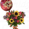 Bouquet of sunflowers, pink roses, and alstroemeria with a red 