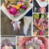 Handheld bouquets of pink, lavender, yellow, and white roses