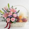 This luxurious basket , overflowing with fresh fruits &amp; Pink roses express