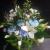 Large white lilies unfurl above a dense cluster of blue hydrangea and