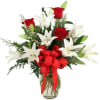 Red for passion... white for love. Glass vase arrangement of love and