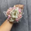 White pink gold corsage , made with white alstroemeria, pink spray roses