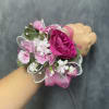 Hot pink roses with white and pink mini carnation, sheer ribbon and