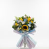 Blue Princess has touches of blue and yellow roses, with white chrysanthemums