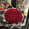 50 red long stem roses, babys breath
