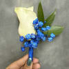 White rose with royal blue baby's breath and green leaves, wrapped in