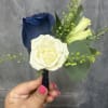 White spray rose , lisianthus and navy  rose with green accents