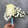 White  rose with white baby's breath, turquoise blue ribbon wrap