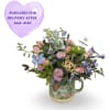 Pastel spray roses, belladonna, lavender chrysanthemum blooms, cottage yarrow and airy blue