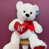 A cuddly 18" white teddy bear holding a red fabric heart is
