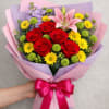 Five vivid red roses take center stage in this everyday hand-tied bouquet