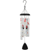 Metal wind chime with red cardinals and white blossoms printed on silver tubes