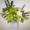 Bright green chrysanthemums with crisp white roses, green carnations for a fresh