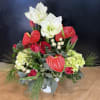 Red and white floral arrangement with tulips, anthuriums, and lilies in a white vase