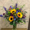 Recipe: Purple Larkspur, Sunflowers, Purple Iris, Orange Spray Roses, Burgundy Stock, Green