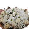 White roses and daisies with tulips in a wrapped bouquet