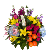 A lively, colorful floral arrangement that pairs bright yellow lilies with hot