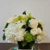 White and green floral arrangement in a square glass vase