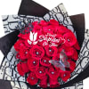 Bouquet of bright red roses with decorative butterflies and a crown topper