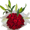 Bouquet of red roses with white lilies wrapped in white paper