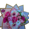 Pink and white mixed bouquet with roses and daisies wrapped in translucent paper