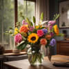 Mixed bouquet with roses, sunflowers, lilies, and purple blooms in a glass vase