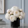 Lush + Luxe white peony artfully arrangement in a contrasting black glass