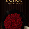 A large bouquet of red roses wrapped in black paper.