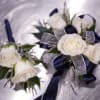 Corsage and boutonniere Set with White roses and silver and navy blue