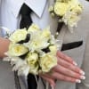 Corsage and boutonniere set with White Roses, White cushion pom and Black